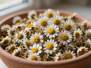 Close-up of dried chamomile flower heads in a shallow terracotta dish, diffuse north-facing window light, fine white petals and yellow disc florets rendered with botanical precision, warm neutral tones, no people