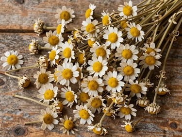Overhead flat-lay of dried chamomile flower heads arranged on a worn wooden surface, diffuse studio overhead light, botanical specimen precision, cream and pale yellow tones