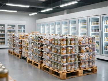 Clean modern cold-storage warehouse interior with neatly stacked pallets of packaged canned foods, bright professional lighting.