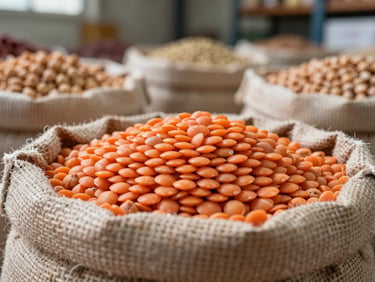 Macro close-up of polished red lentils and chickpeas in industrial burlap sacks, clean warehouse lighting, sharp focus on texture.