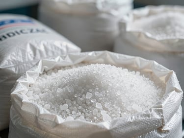 Macro close-up of refined white sugar crystals and iodized salt in heavy-duty industrial bags, bright high-contrast daylight.