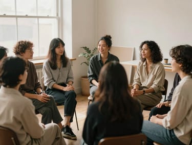 A diverse group of professionals sitting in a circle in a warm, light-filled creative studio, candid interaction and genuine expressions.