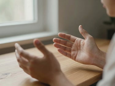 Close-up of expressive hands gesturing during a deep conversation over a wooden table, soft natural window light.
