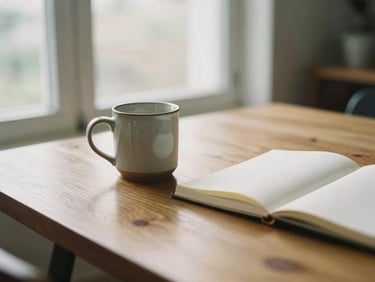 Soft natural window light illuminating a quiet meeting table, a ceramic mug and open notebook on warm oak wood, shallow depth of field, 35mm film aesthetic.