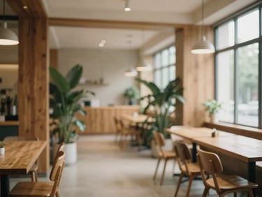 Softly focused architectural detail of an open, airy meeting space with warm wood elements, green plants, and soft diffused lighting.