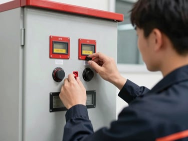 Close-up of a technician in a clean dark uniform checking a fire safety control panel, technical detail, bright even daylight, high-contrast red accents, sharp focus