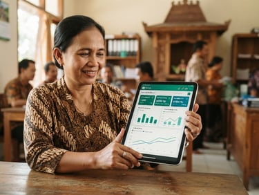 Clean financial dashboard preview on a tablet held by an Indonesian cooperative administrator, warm natural daylight, emerald green accents, shallow depth of field