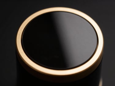 Macro close-up of PLAMODE aesthetic device, gold rim lighting, black mirror glass finish, 85mm