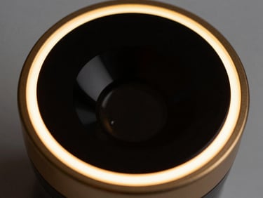 Macro close-up of CURAZET aesthetic device, gold rim lighting, black mirror glass finish, 85mm