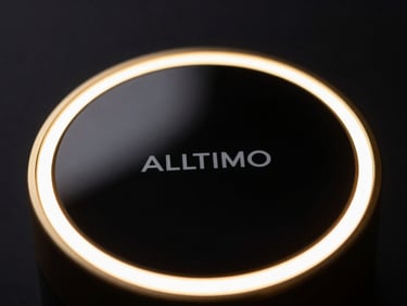 Macro close-up of ALLTIMO aesthetic device, gold rim lighting, black mirror glass finish, 85mm