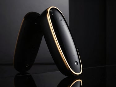 Dramatic side profile of a luxury black medical beauty device, sharp gold rim lighting, deep black mirror reflections, 85mm