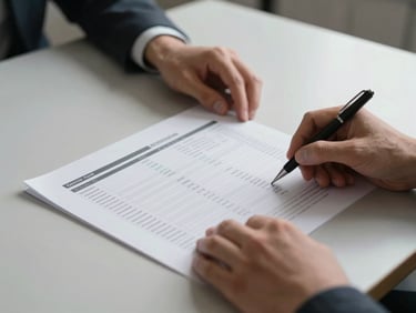 Close-up wide shot of hands reviewing a printed campaign performance report on a clean conference table, studio strobe lighting, conversion rate columns and attributed revenue rows visible, no faces, pen resting on the document