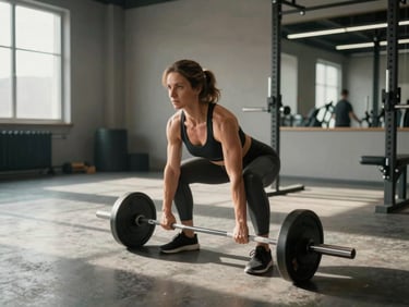 Wide shot of a 50-plus woman mid-rep on a Romanian deadlift in a daylit training space, core visibly braced, neutral spine, natural daylight from a high window casting sharp shadows across the floor, no other people in frame