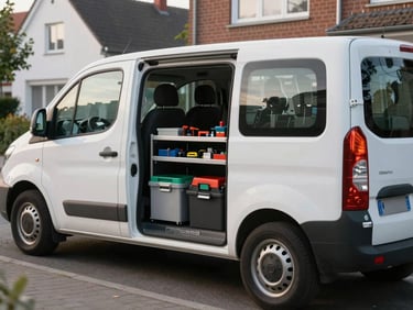 A clean white utility vehicle with neatly organized premium floor laying tools visible inside, parked on a quiet residential street in Bremen under soft morning daylight.