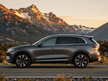 Spotless modern dark grey SUV on Route 40, Patagonia, sweeping mountain backdrop, golden hour light, elegant automotive photography.