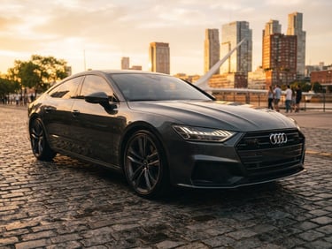 Low-angle elegant automotive photography of a pristine modern dark grey sedan parked in Puerto Madero, Buenos Aires, warm golden-hour daylight reflecting on the polished chassis, shallow depth of field, 35mm.