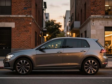Spotless modern compact hatchback parked near Puerto Madero brick buildings, twilight city lights, elegant automotive photography.