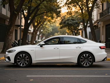 Spotless modern white sedan parked in a tree-lined street of Recoleta, Buenos Aires, soft morning light, elegant automotive photography.