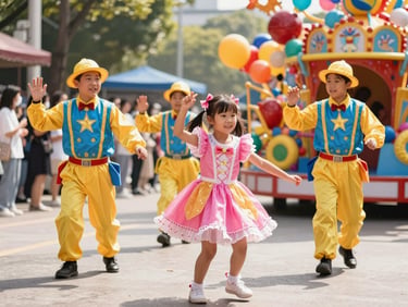 Vibrant kid's carnival parade with professional actors in premium custom costumes dancing under bright daylight.