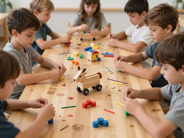 Children happily crafting customized toys at a long wooden table during a structured creative workshop.
