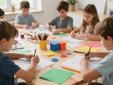 A colorful children workshop setup with branded materials and happy kids crafting, bright natural light
