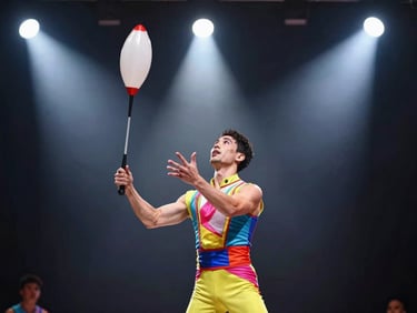A professional circus performer in colorful attire executing a clean juggling act under bright stage lights.