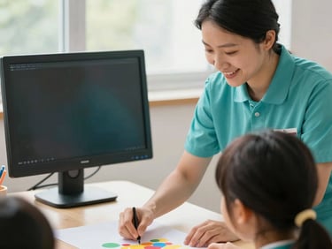 Close-up of a smiling recreation monitor in a clean teal uniform guiding a child safely during a creative workshop, bright natural daylight.