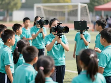 Monitors in clean teal uniforms guiding children in an organized outdoor game, sunny daylight