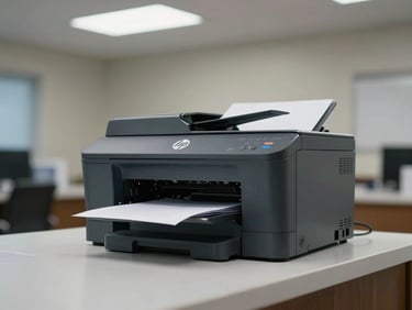 HP LaserJet printer installed on a government office counter, stacked document tray, cool fluorescent ceiling light, minimal institutional background