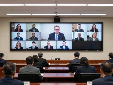Wide shot of a government video conference room, large display active showing a remote participant, camera unit mounted above screen, clean institutional interior with even task lighting
