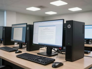 Close environmental shot of HP and Acer desktop workstations installed at a government office desk, cool overhead lighting, monitors active with official workflow screens