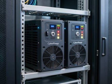 CyberPower UPS units mounted in a government server rack bay, indicator panels visible, cool even lighting, neat rack environment