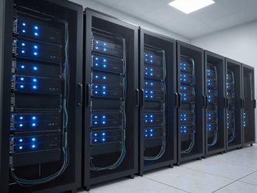 Wide shot of HPE rack-mounted servers inside a secure government data room, indicator lights active, cool blue-white task lighting, cables routed neatly