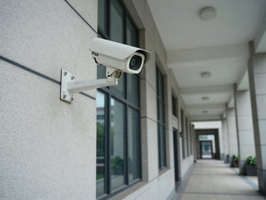 Environmental shot of a CCTV camera mounted on a government building corridor wall, wide angle showing institutional hallway, cool daylight from windows