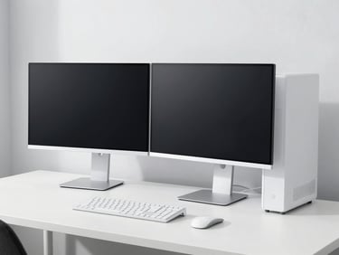 Clean desktop computer setup, white case, dual monitors, minimalist desk, bright studio lighting, sharp focus