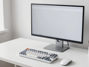 Ergonomic home office setup, clean white desk, high-resolution monitor, mechanical keyboard, professional lighting, sharp focus