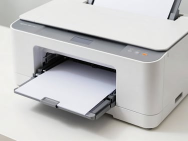 Modern white laser printer on a clean surface, close-up of paper tray, bright studio lighting, sharp focus