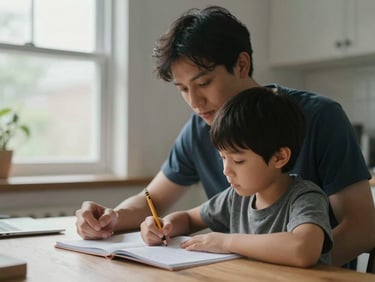 Close environmental shot of a parent and child seated at a kitchen table doing homework together, overcast natural light from a side window, hands visible on the table, a pencil and notebook in frame, relaxed and unhurried atmosphere