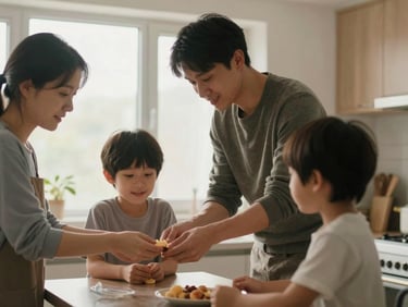 Environmental shot of two adults and a child around a kitchen counter, one adult handing something to the child, the other watching, warm overcast daylight, everyday domestic setting, no one looking at the camera