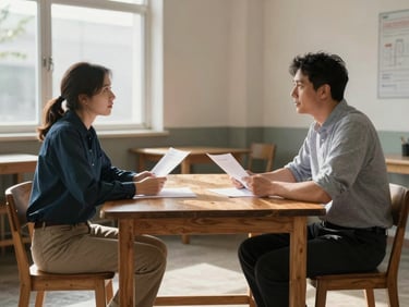 Wide shot of two adults seated across from each other at a simple wooden table in a community space, papers between them, afternoon light through a nearby window, neither looking at the camera, a sense of focused conversation