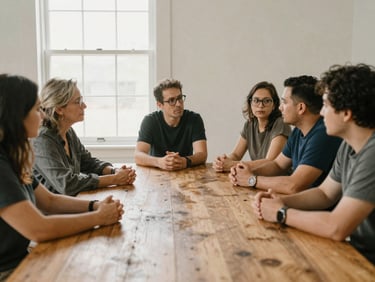 A quiet wide-angle shot of community leaders collaborating around a rustic wooden table, soft natural lighting, warm editorial aesthetic.