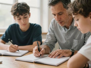 Candid medium shot of a mentor guiding a high school student over a notebook, soft natural light, shallow depth of field, warm tones.
