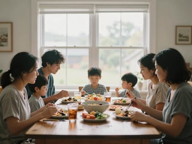A warm documentary photograph of a family sharing a meal in a sunlit dining room, soft overcast daylight through the window, authentic connection.