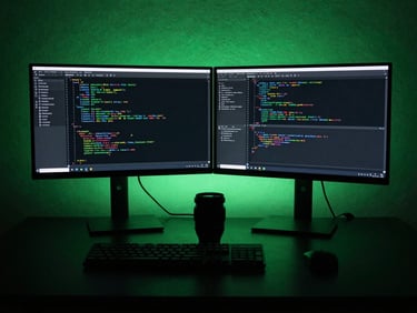 Minimalist workspace setup with green ambient lighting, dual monitors displaying terminal code, high-contrast shadows, macro lens, 35mm