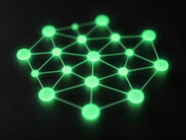 Abstract node-based network diagram glowing with emerald green light against a deep black background, high-contrast shadows