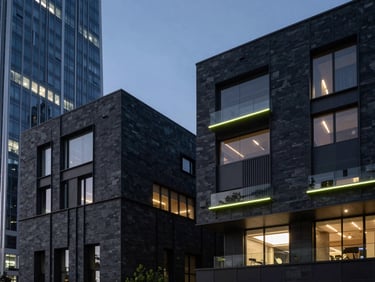 Clean architectural lines of a modern financial district at twilight, sharp geometric angles, deep slate structures, cool-toned editorial lighting.