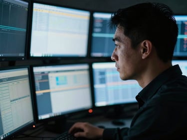 Close-up of a trader focused on multiple glowing screens in a low-light environment, dramatic high contrast shadows, cool-toned, 35mm.