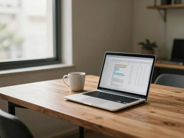 A bright modern workspace in São Paulo, soft natural window light, a clean wooden desk with a laptop showing a clear financial dashboard, coffee mug nearby, warm editorial photography, 35mm