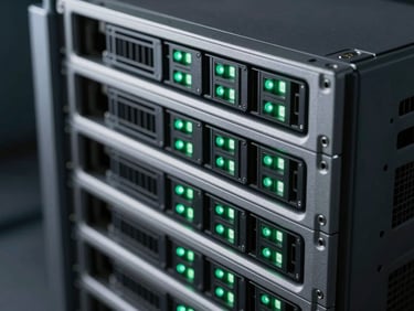 Macro photograph of high-performance server rack hardware, clean geometric lines, sharp green status indicator lights, cool low-key studio lighting.