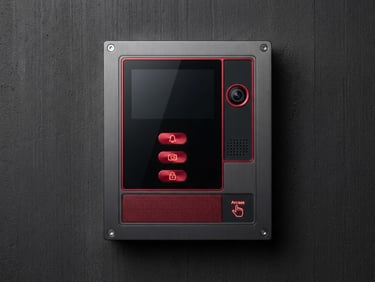 Crisp orthographic shot of a sleek smart intercom terminal with crimson accents on a clean dark architectural background, high-detail macro, 50mm lens
